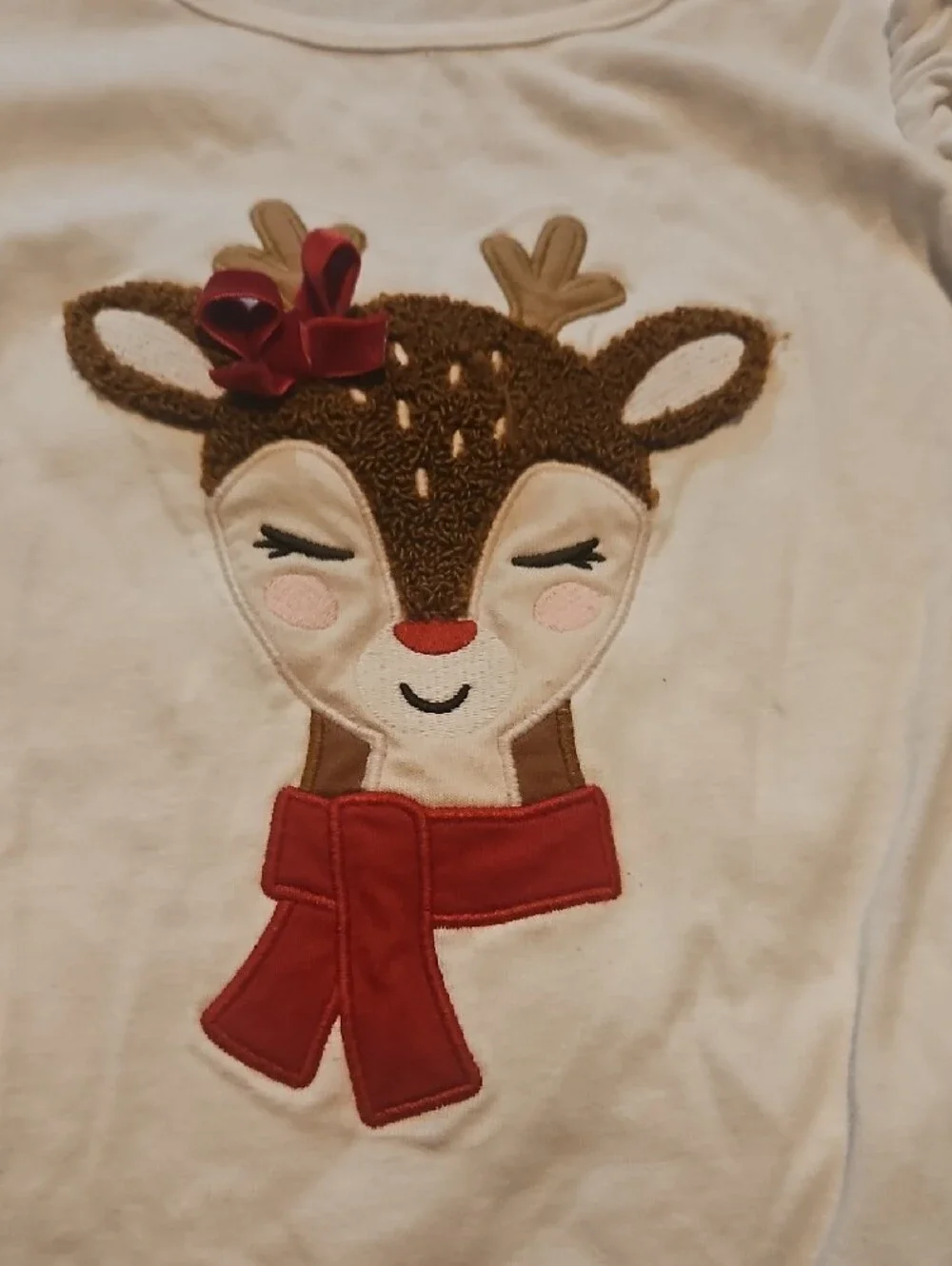 Gymboree Girls' White Long-Sleeve Reindeer Top with Red Bow Accent - Size 7